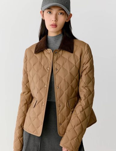 Khaki Quilted Jacket with Corduroy Collar