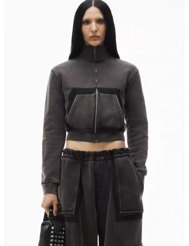 Charcoal Grey Cropped Zip-Up Jacket with Utility Pockets