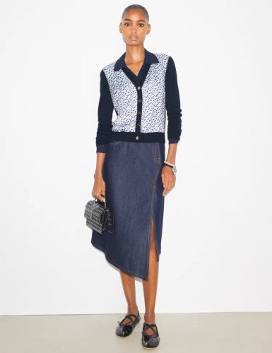 Navy Blue and White Geometric Print V-Neck Cardigan