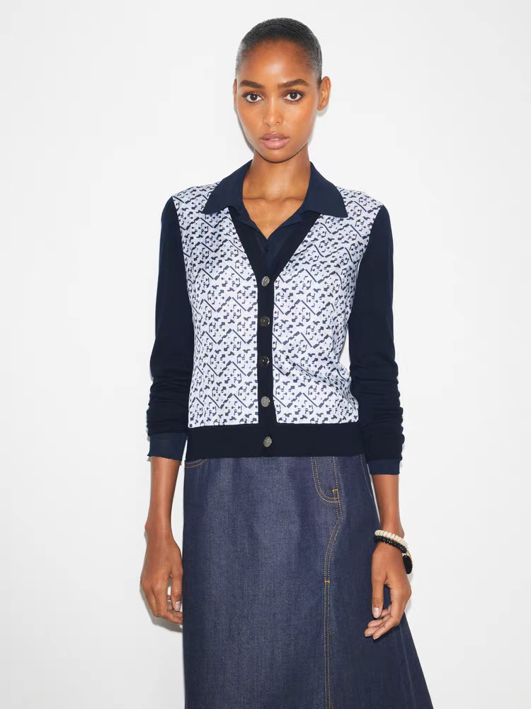 Navy Blue and White Geometric Print V-Neck Cardigan - 图片 4