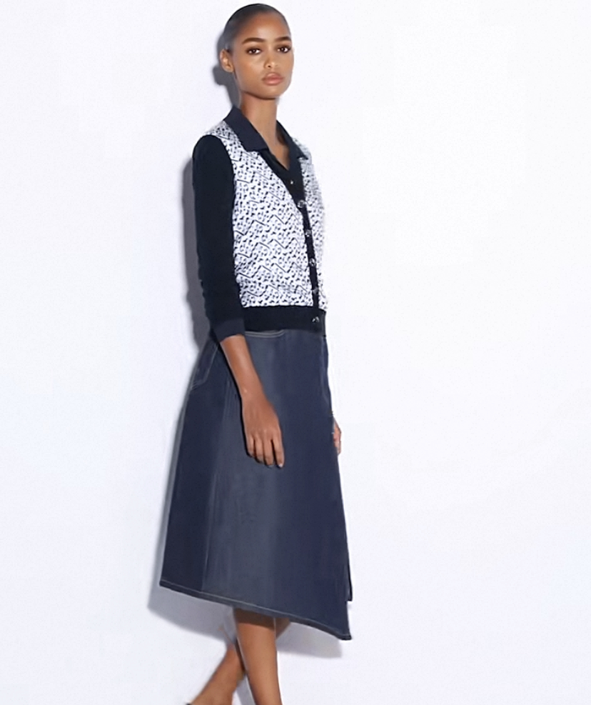 Navy Blue and White Geometric Print V-Neck Cardigan - 图片 3