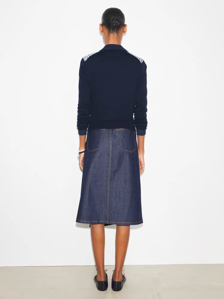 Navy Blue and White Geometric Print V-Neck Cardigan - 图片 2