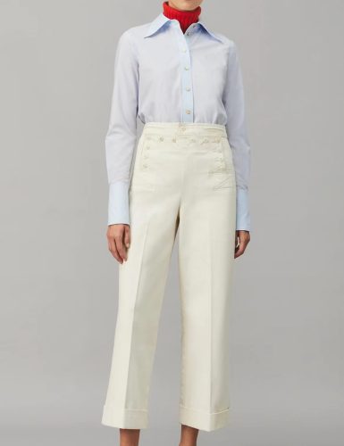 Cream High-Waisted Wide-Leg Trousers with Naval Button Detailing