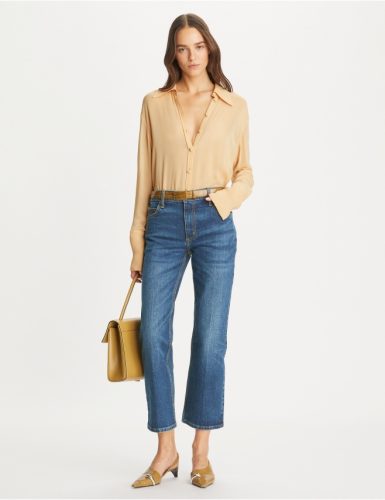 Blue Cropped Flare Jeans with Gold Accents