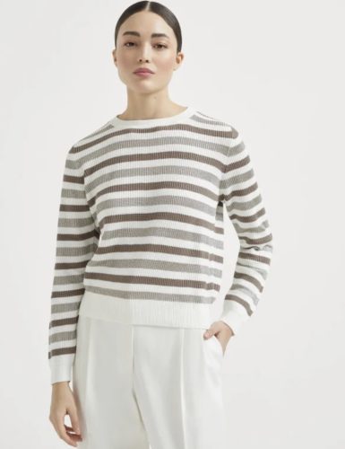 Brown and Grey Striped Crew Neck Sweater
