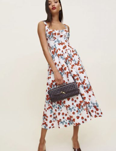 Strawberry Print Square Neck Midi Dress