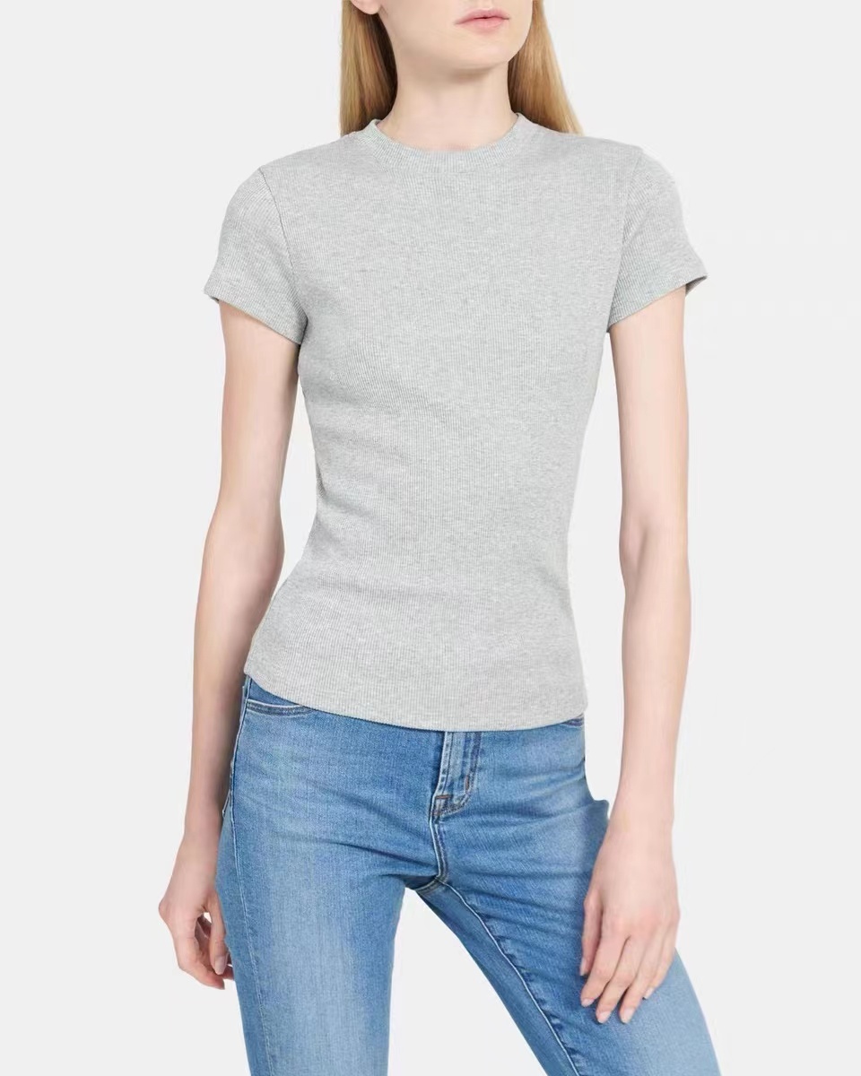 Grey Ribbed Crew Neck Fitted T-Shirt