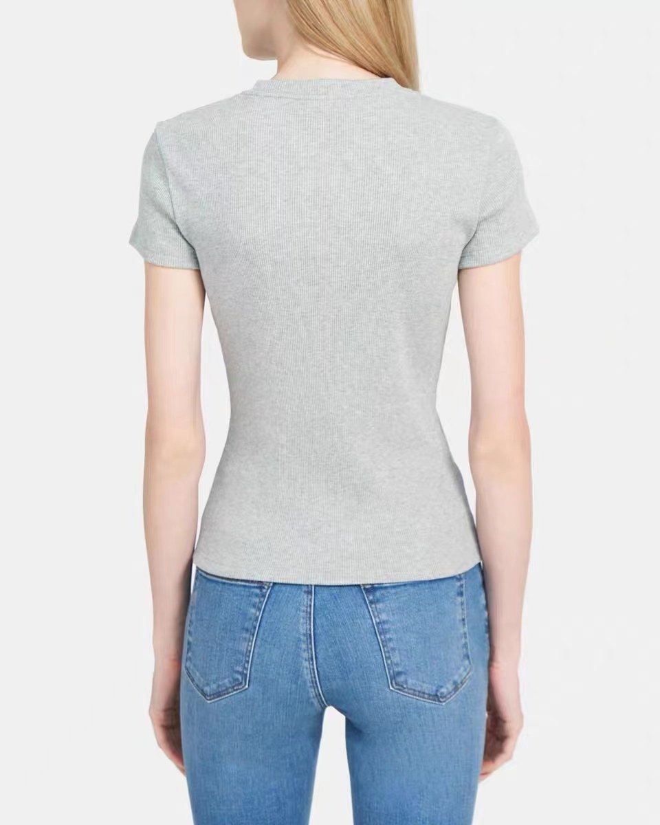 Grey Ribbed Crew Neck Fitted T-Shirt - 图片 2