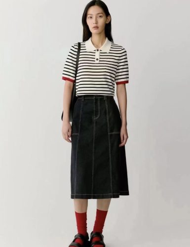 Black and White Stripe Polo Shirt with Red Cuff Accents