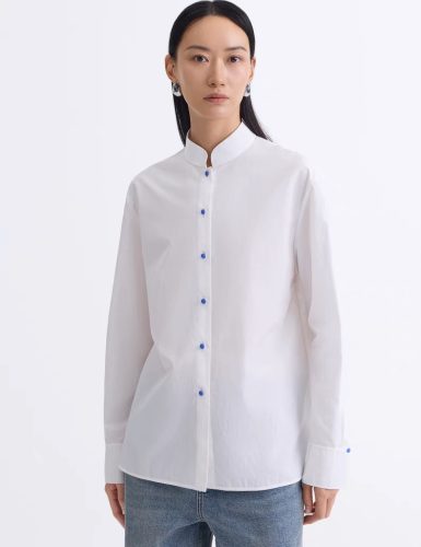 White Mandarin Collar Shirt with Blue Button Accents