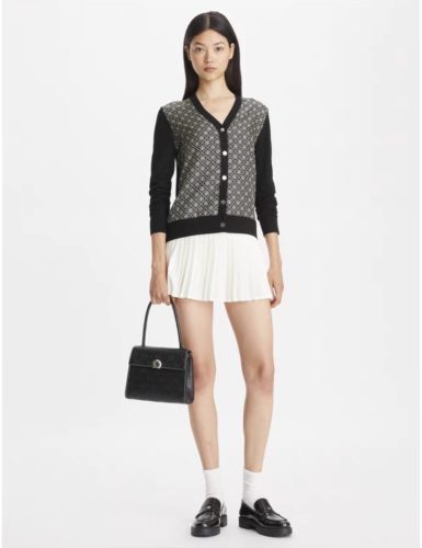 Black and Beige Jacquard V-Neck Cardigan with Metallic Buttons