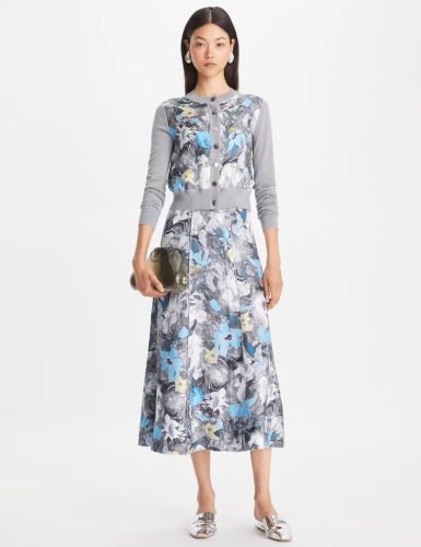 Grey Knitted Cardigan with Artistic Floral Print Panel