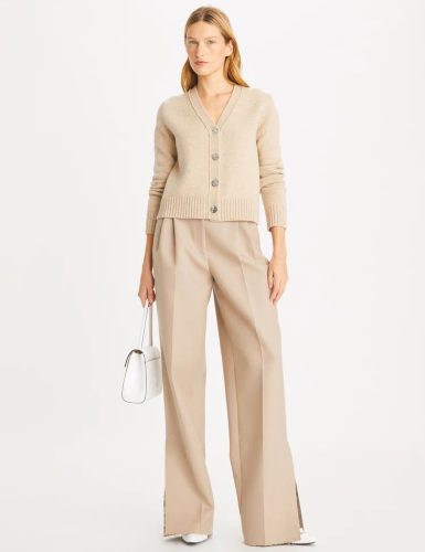 Beige V-Neck Cropped Cardigan with Metallic Buttons