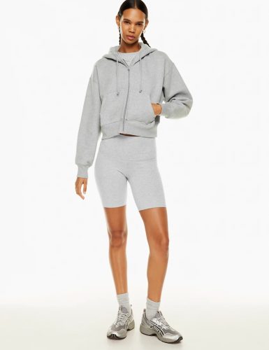 Grey Cropped Zip-Up Hoodie with Kangaroo Pocket