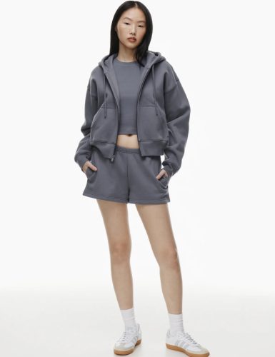 Charcoal Grey Cropped Zip-Up Hoodie with Kangaroo Pocket