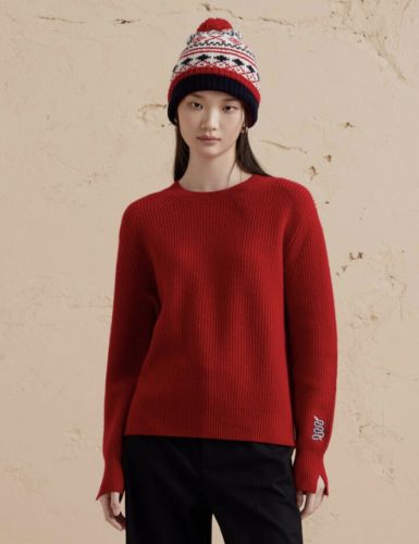 Red Ribbed Knit Sweater with Embroidered Cuff Detail