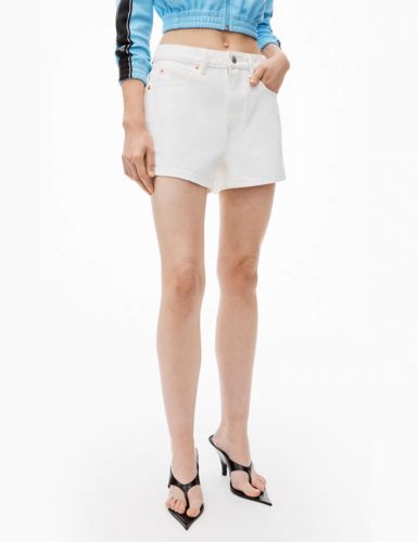 White High-Waisted Denim Shorts with Leather Brand Patch
