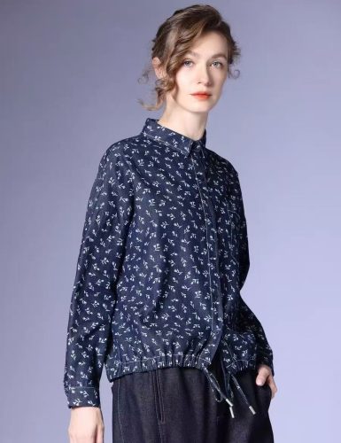 Floral Print Denim Drawstring Shirt