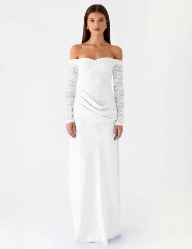 Mozision Off-shoulder Long Sleeve Sexy Maxi Dress Women Gown Elegant Lace Strapless Backless High Waist Ruched Club Party Dress