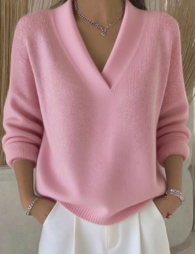 Soft Pink Deep V-Neck Knit Sweater