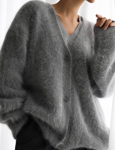 Grey Fluffy V-Neck Cardiga