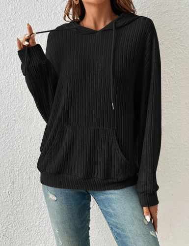 Black Ribbed Casual Hoodie
