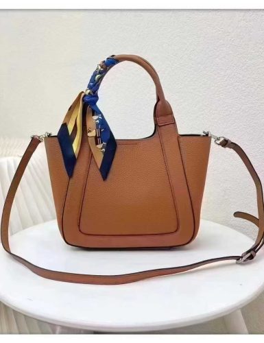 Tan Textured Leather Tote with Scarf Detail