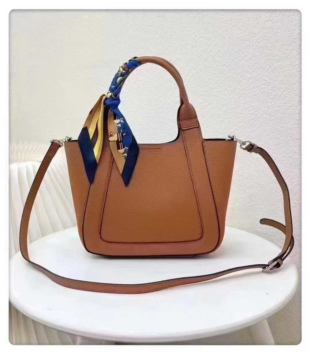 Tan Textured Leather Tote with Scarf Detail