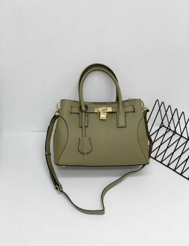 Olive Textured Leather Satchel with Gold Lock Detail