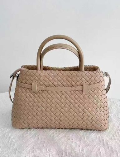 Product Name: Beige Woven Leather Satchel with Dual Handles and Detachable Strap
