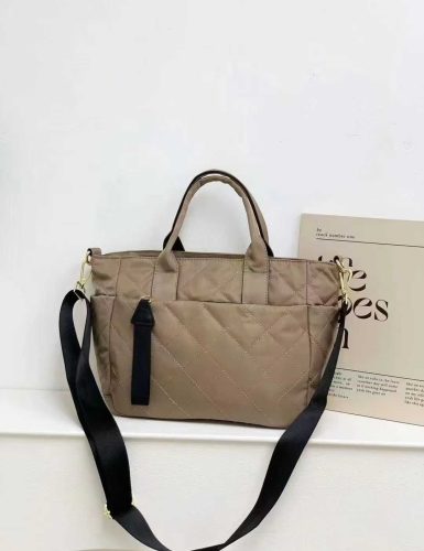 Beige Quilted Nylon Tote with Contrast Black Strap