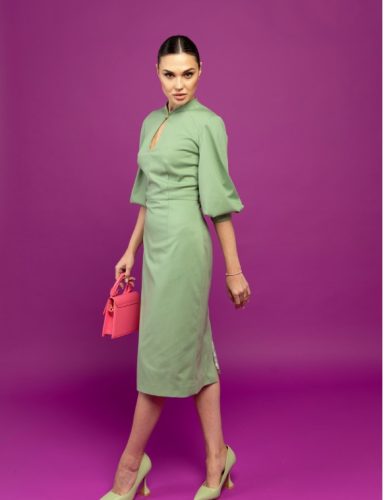 Elegant sheath dress for special occasions, Minimalist dress with puffy sleeves for formal events, Designer midi dress for anniversary party